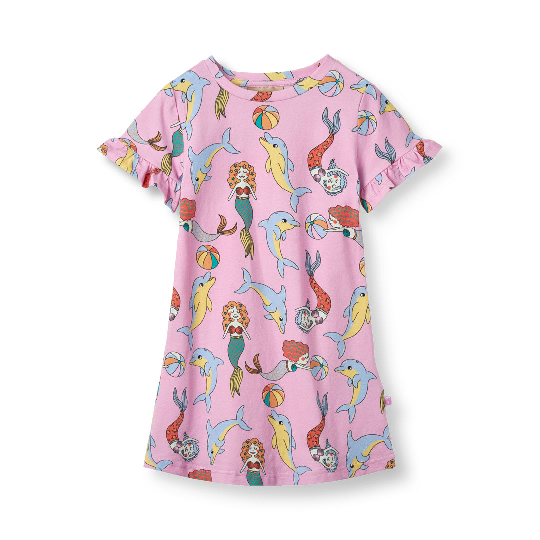 Short-sleeved dress with mermaids and dolphins