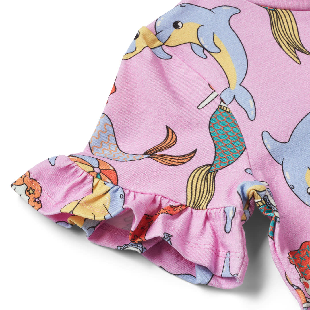 Short-sleeved dress with mermaids and dolphins