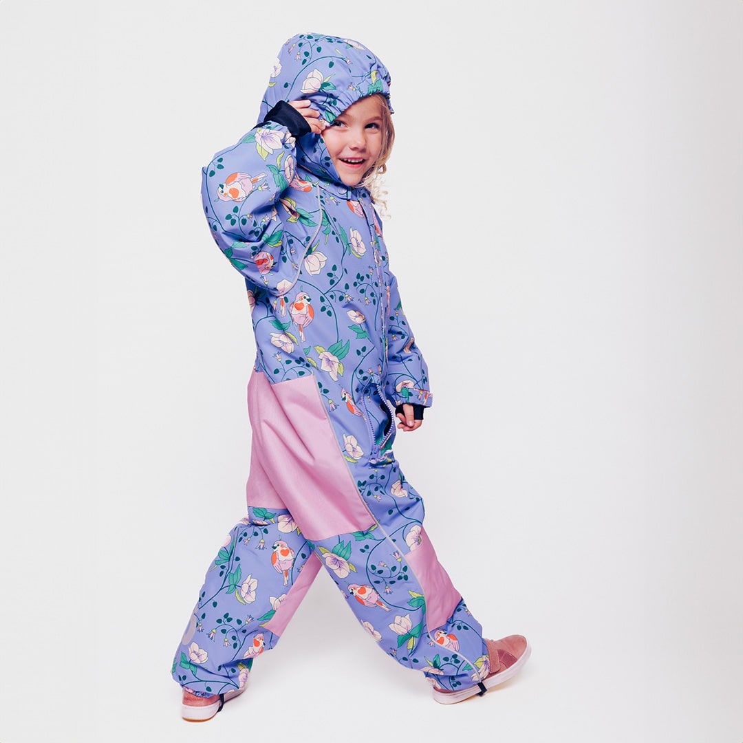 Children's snowsuit with birds and flowers