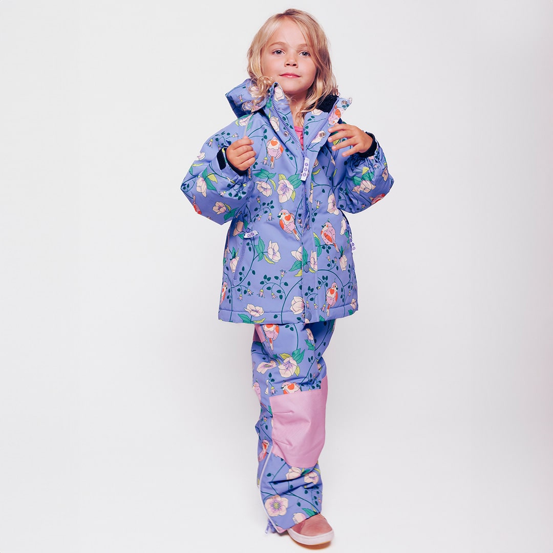 Winter coat with birds and flowers