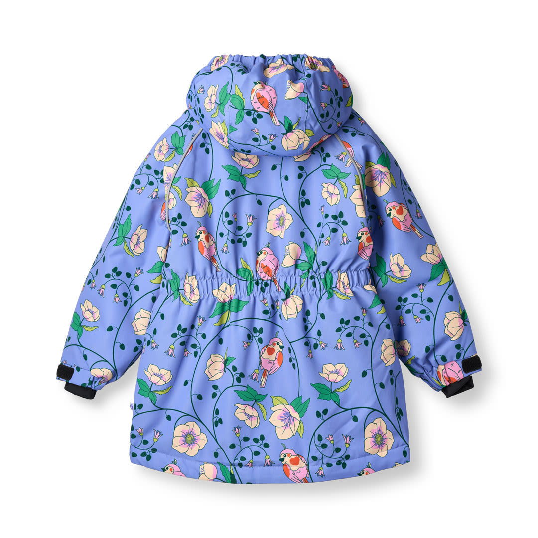 Winter coat with birds and flowers