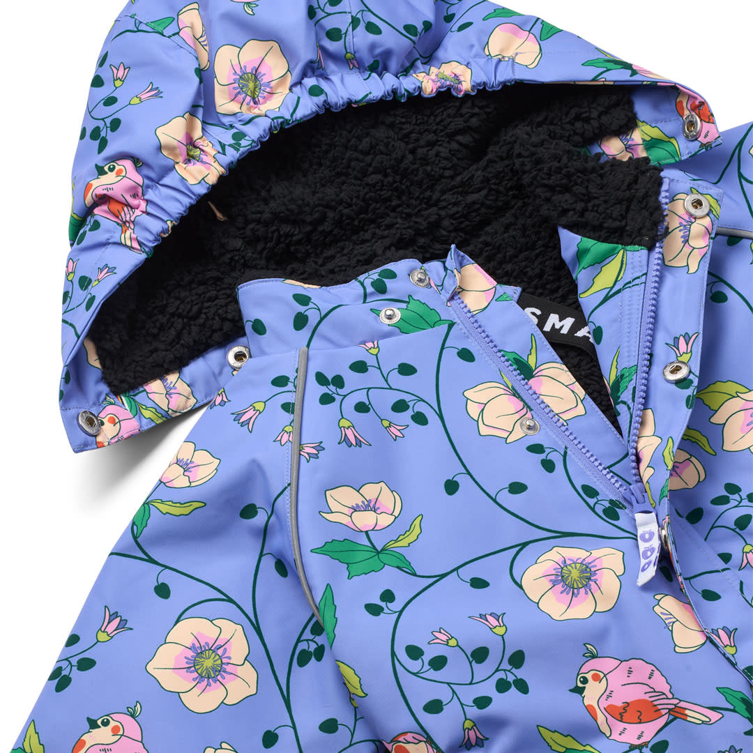 Winter coat with birds and flowers