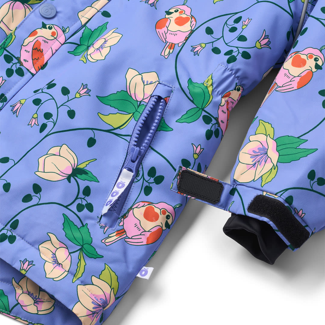 Winter coat with birds and flowers