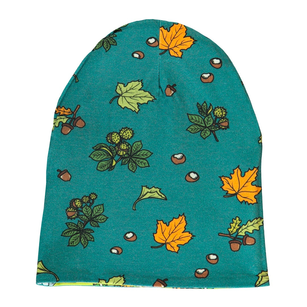 Reversible beanie with badger, fox and Fall leaves