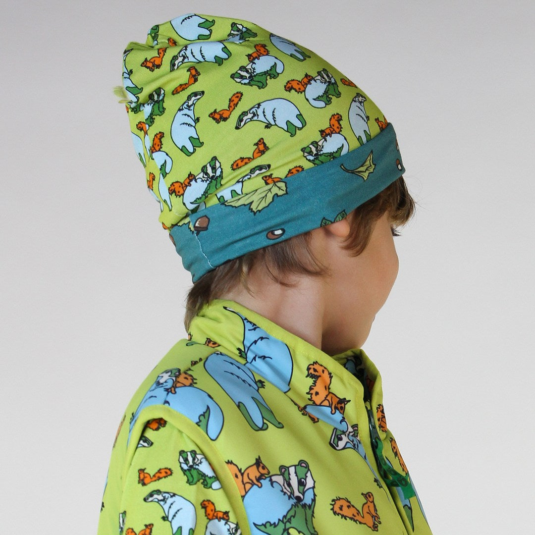 Reversible beanie with badger, fox and Fall leaves