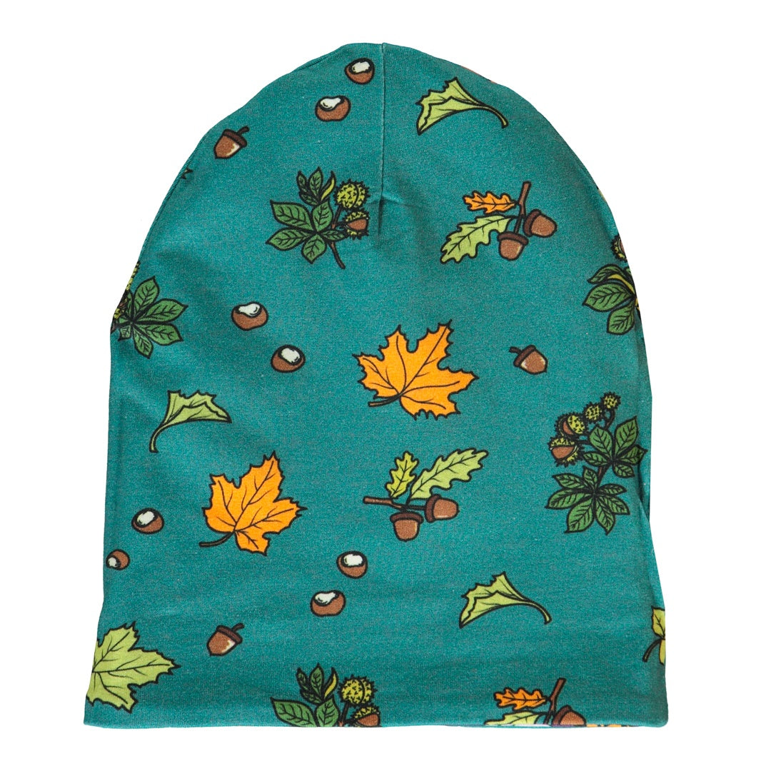 Reversible beanie with badger, fox and Fall leaves