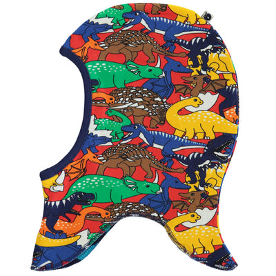 Reversible hood with apples and dinosaurs
