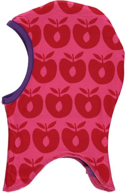 Reversible balaclava hood with stripes and apples