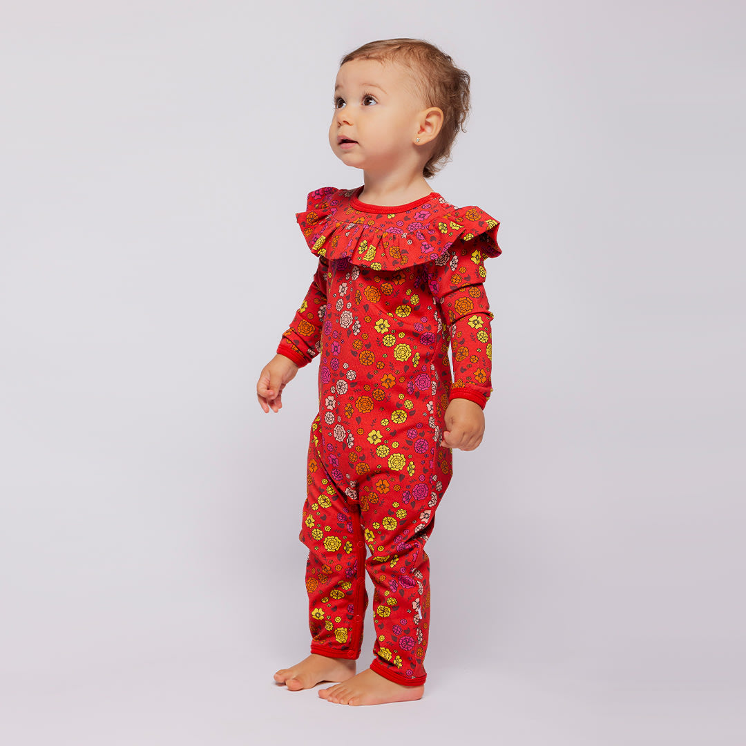 Paula Red long-sleeved baby suit with flowers