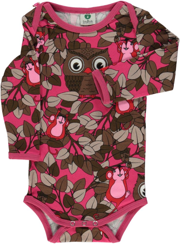 Long-sleeved baby body with owls, squirrels, and mice