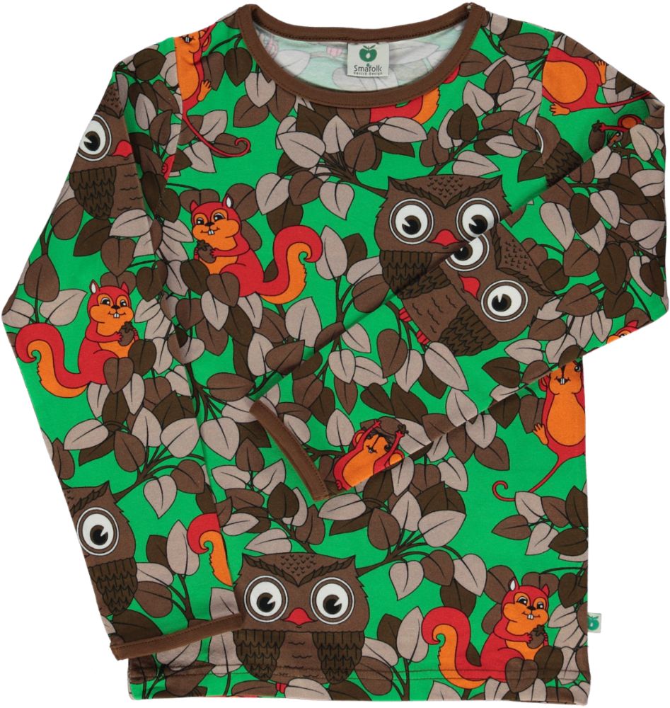 Long-sleeved top with owls and squirrels