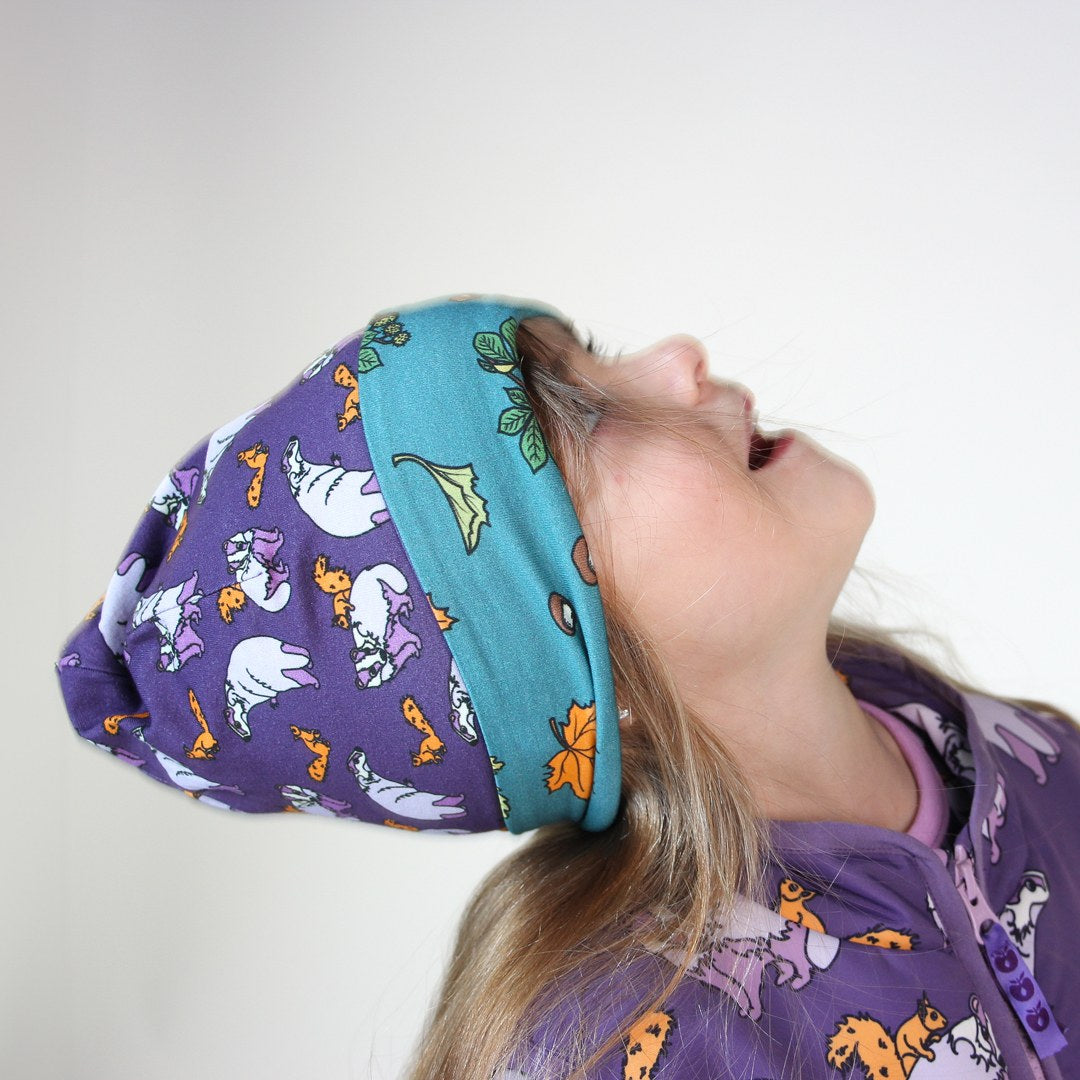 Reversible beanie with badger, fox and Fall leaves