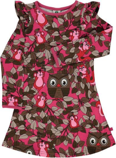 Dress LS. With Ruffle Detail, Owl in Tree