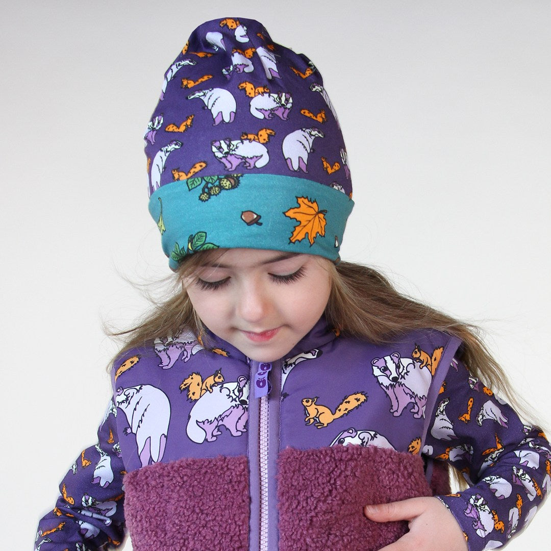 Reversible beanie with badger, fox and Fall leaves