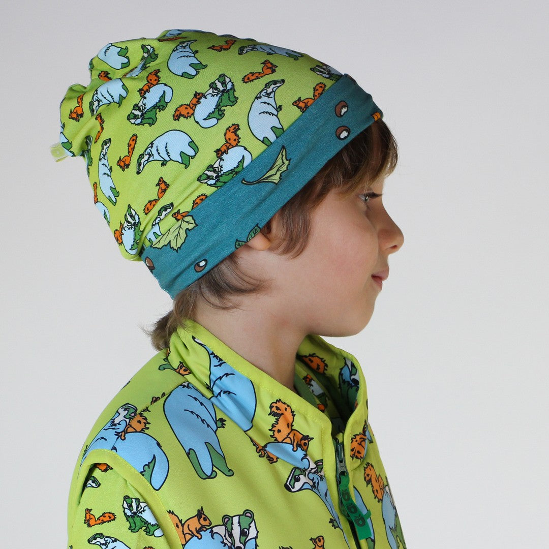 Reversible beanie with badger, fox and Fall leaves