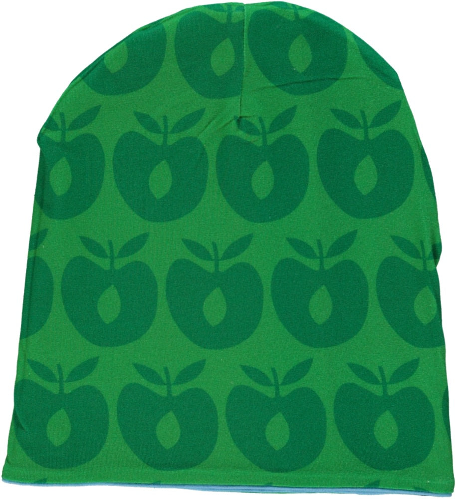 Reversible beanie with stripes and apples