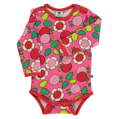 Long-sleeved baby body with flowers and strawberries