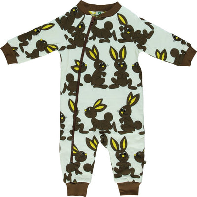 Long-sleeved reversible baby suit with rabbits and retro apples