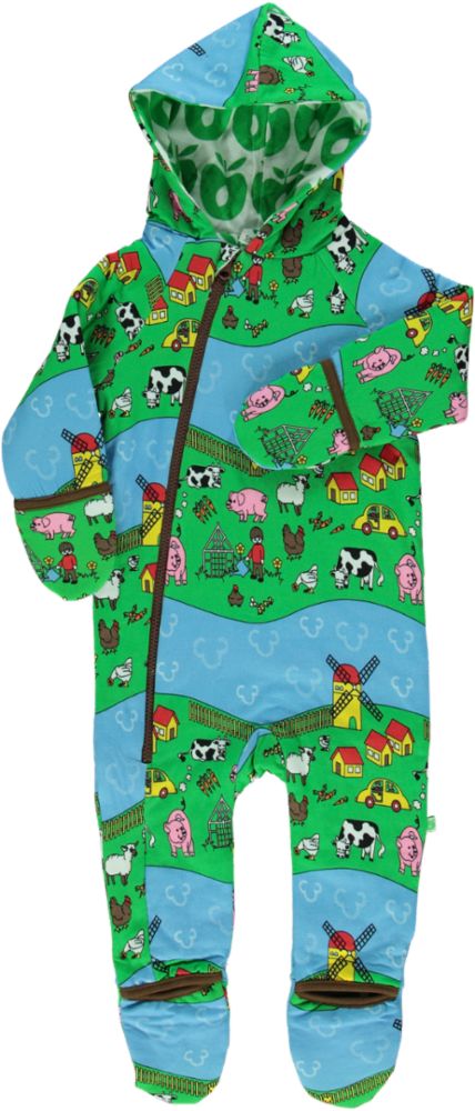 Long-sleeved reversible baby suit with farm and retro apples