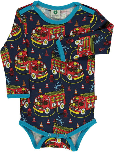 Long-sleeved baby body with firetrucks