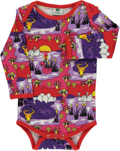 Long-sleeved baby body with swans and frogs