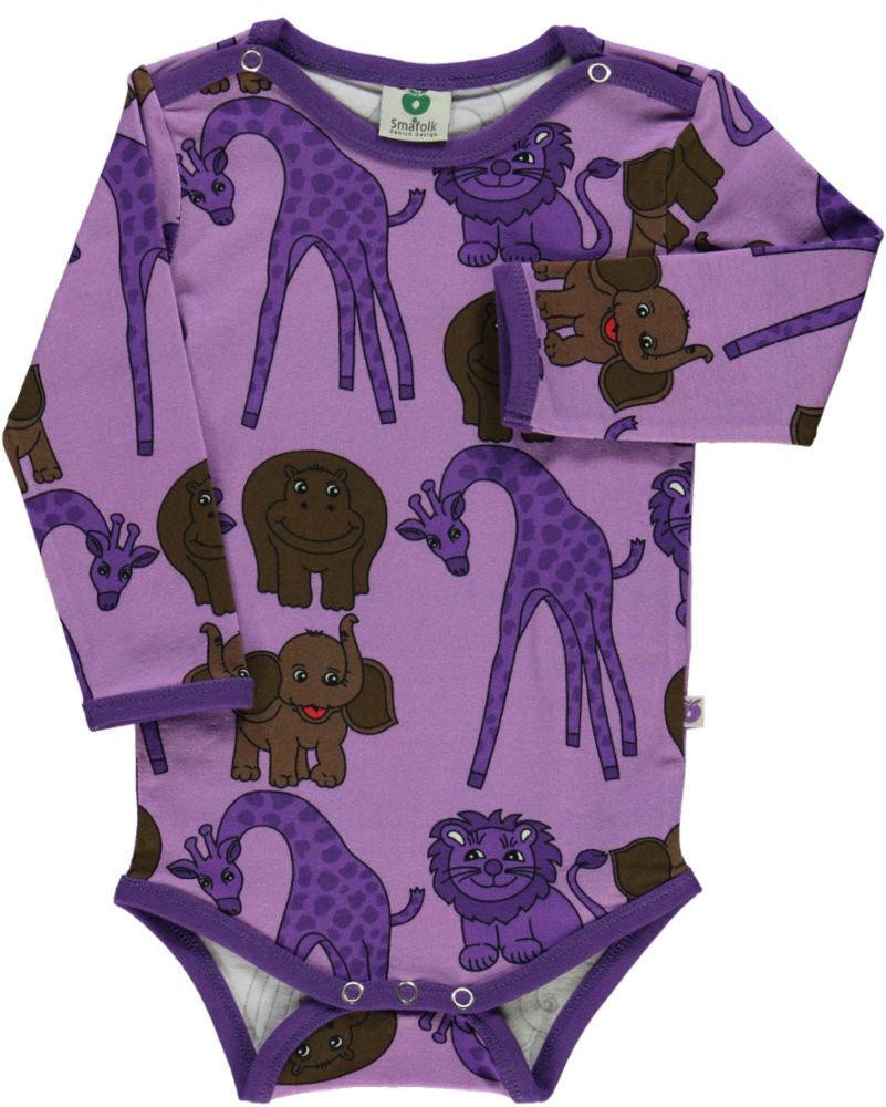 Long-sleeved baby body with giraffes, lions, hippos, and elephants
