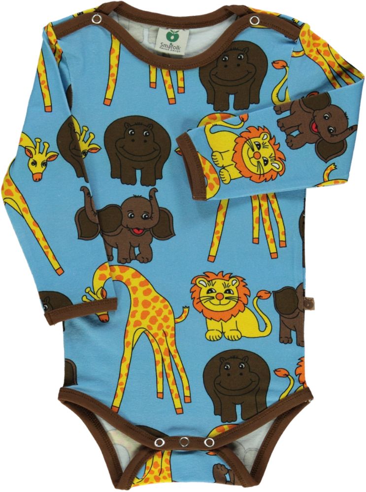 Long-sleeved baby body with giraffes, lions, hippos, and elephants