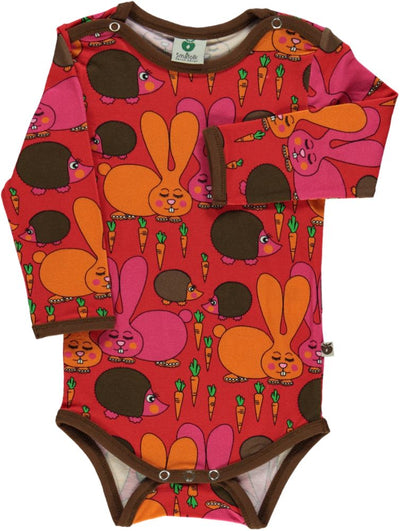 Long-sleeved baby body with rabbits and hedgehogs