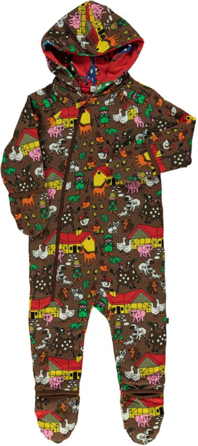 Long-sleeved reversible baby suit with farm animals and cows