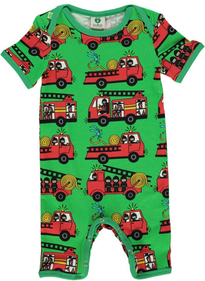 Short-sleeved baby suit with firetrucks