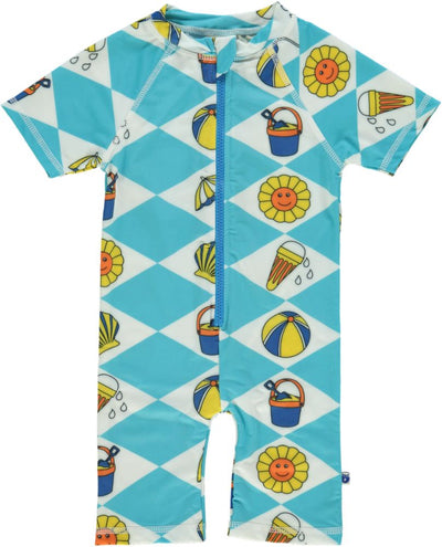 UV50 Swimsuit with short legs and arms with summer vacation symbols