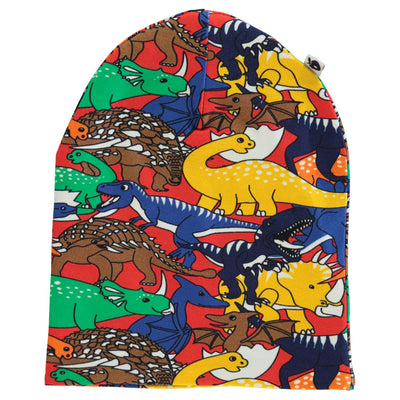 Reversible beanie with apples and dinosaurs