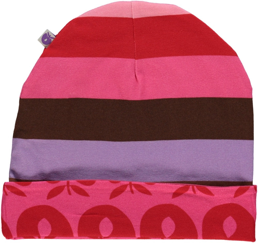 Reversible beanie with stripes and apples