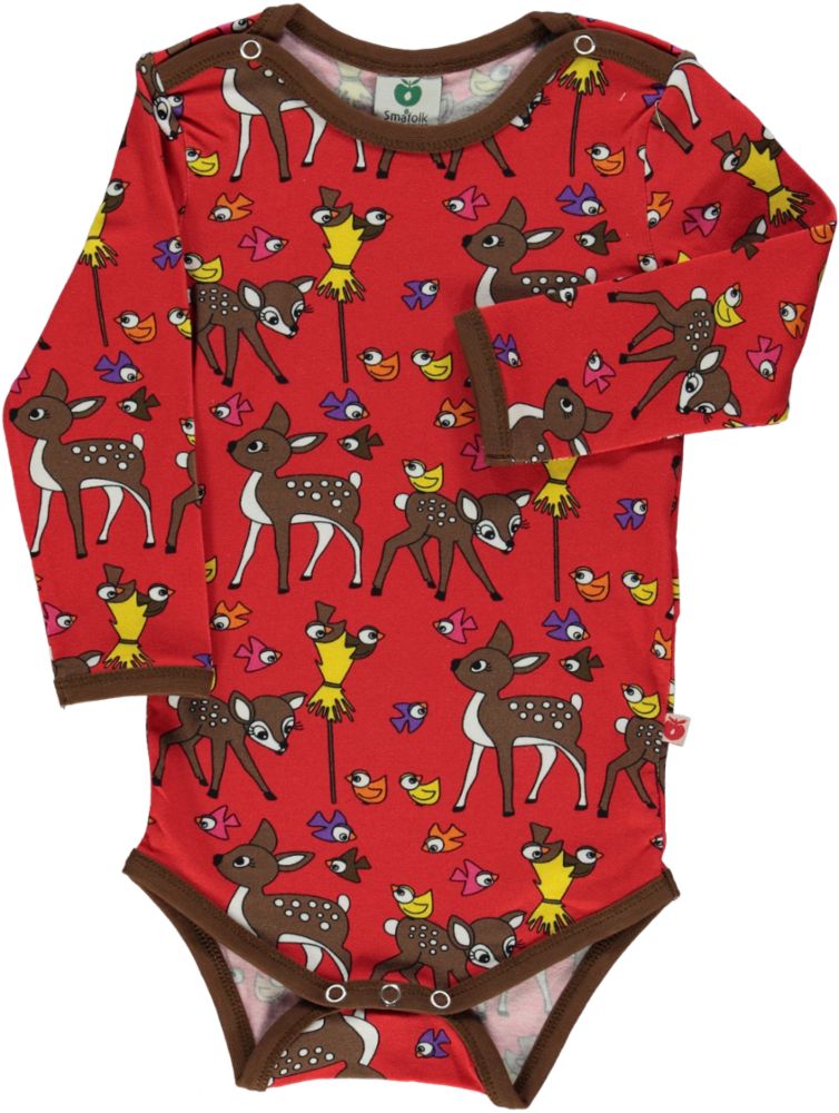 Long-sleeved baby body with deers, hares, and birds