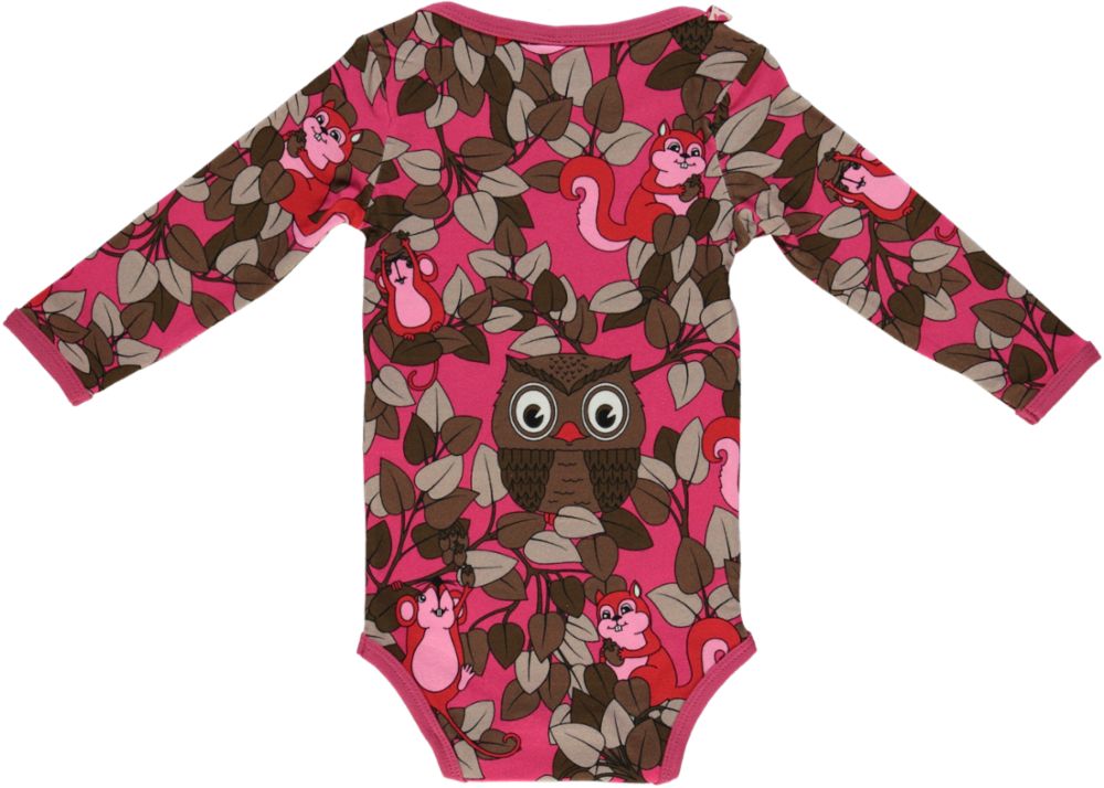 Long-sleeved baby body with owls, squirrels, and mice