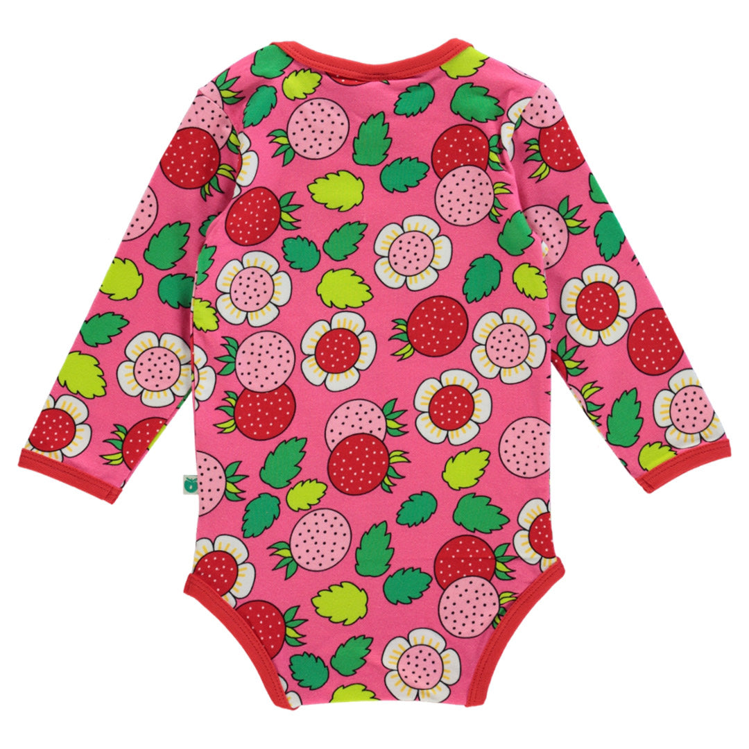 Long-sleeved baby body with flowers and strawberries